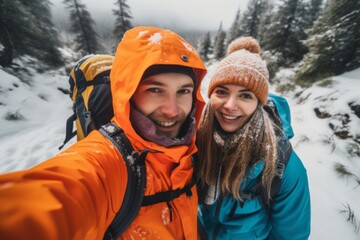 Happy Couple on a Winter Outdoor Journey: Trekking Through Snow-Covered Forests