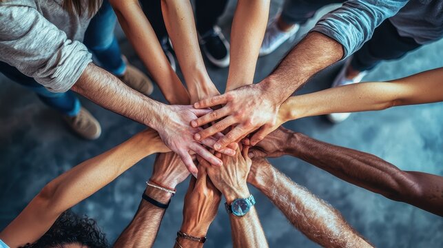 Stack of hands, unity and teamwork concept