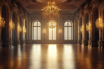 Big castle dancing room with candelabra in the middle.