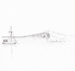 Pen and ink drawing of a sail boat at sea with a surfer in the wave