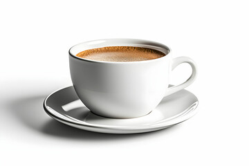 Naklejka premium A Simple White Coffee Cup with Saucer Holding Fresh Brewed Coffee on a Minimalist White Background for Modern Kitchen and Cafe Settings