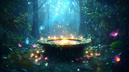 Mystical altar in enchanted forest surrounded by cosmic energy. Reverie. Illustration