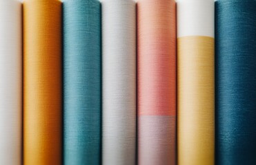 Collection of colorful fabric rolls displayed in a row for textile enthusiasts and designers