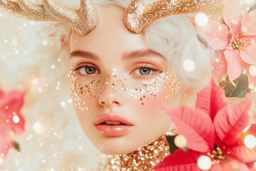 surreal Christmas scene, model with very white hair, gold sequin dress, gold reindeer antlers, poinsettia flowers