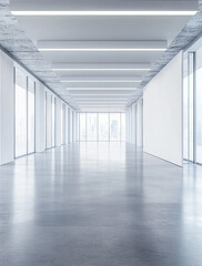 Fototapeta premium Empty spacious light exhibition or gallery hall with front view on blank white wall