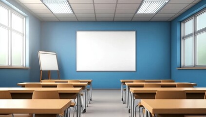 Modern School Classroom with Desks, Whiteboard, and Windows