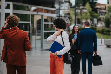 Group of business professionals interacting outside an office building, engaging in casual...
