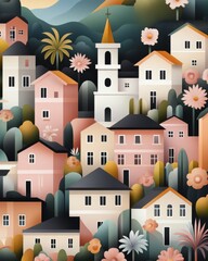 Charming village with colorful houses and blooming flowers in a serene landscape