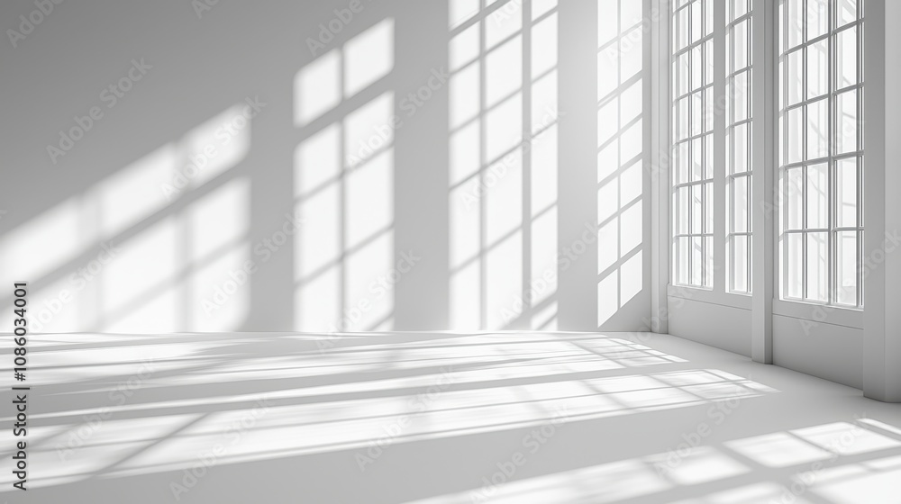 Wall mural abstract white studio background for product presentation, empty room with shadows of window