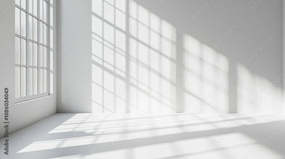 Wall mural abstract white studio background for product presentation, empty room with shadows of window