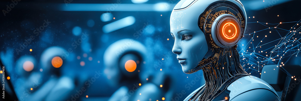 Poster futuristic ai agent robots analyzing data for automated intelligent decision-making systems