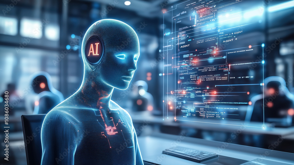 Aufkleber futuristic ai agent interacting with digital data interfaces in modern workspace
