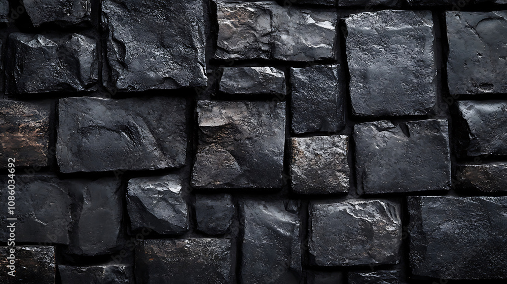 Poster dark textured stone wall with uneven surfaces and shadows, creating dramatic and moody atmosphere. p