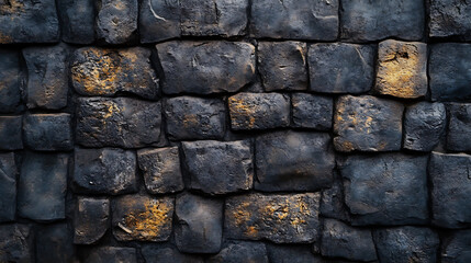 Dark textured stone wall with rough surfaces and golden accents, perfect for backgrounds or...