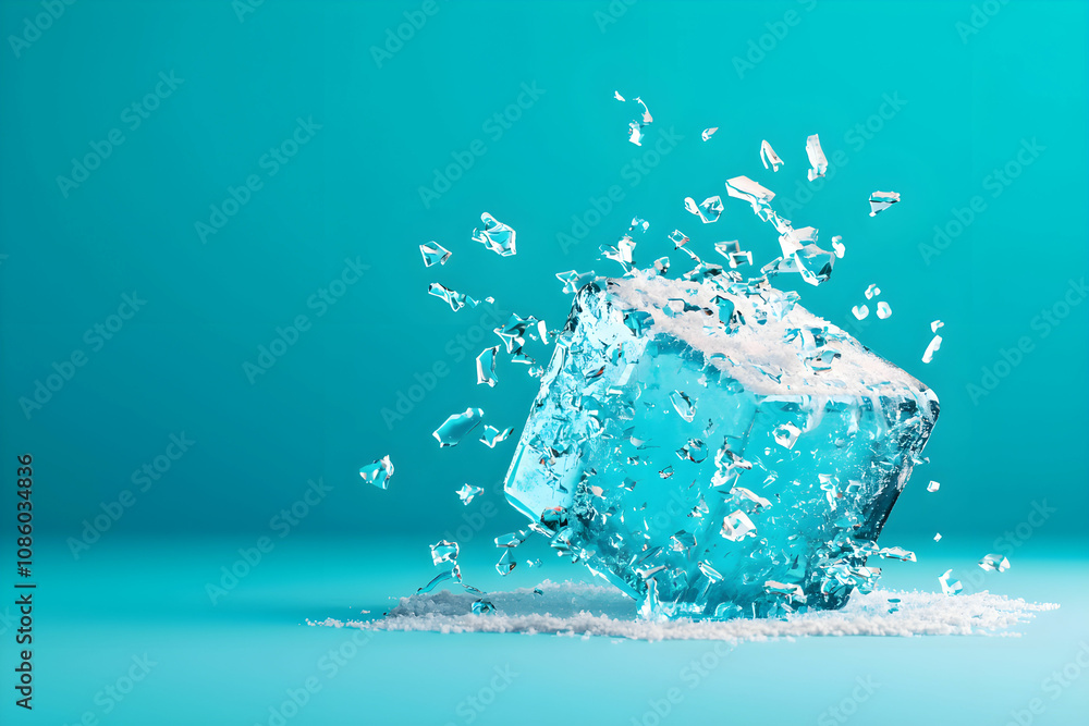 Aufkleber crystal clear ice cubes splashing in a refreshing blue background, capturing the essence of coolness