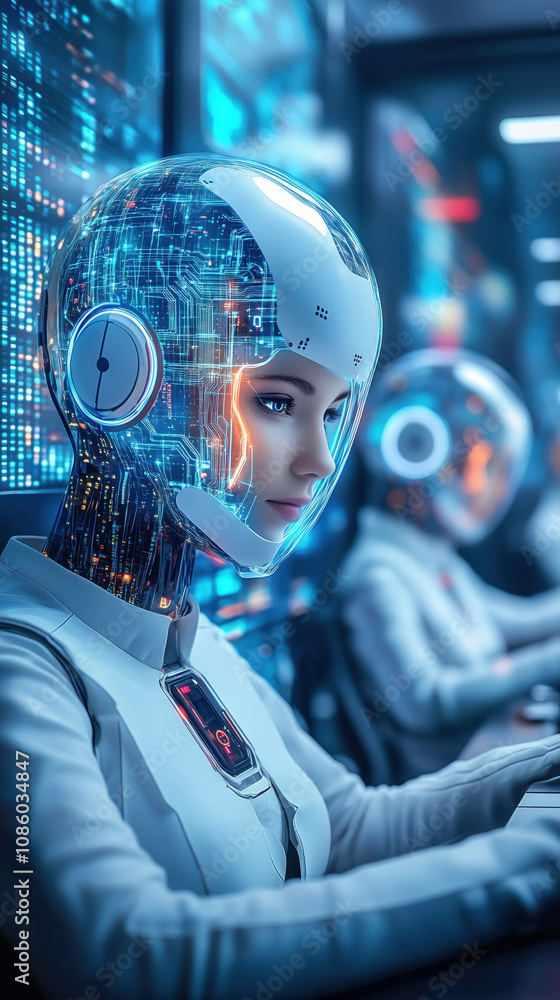 Poster futuristic ai agents engaged in data analysis in a high-tech environment