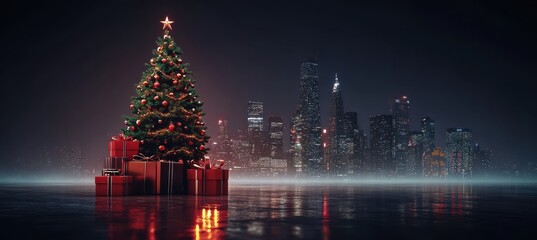 Christmas tree with gifts and blurry city skyline in the background