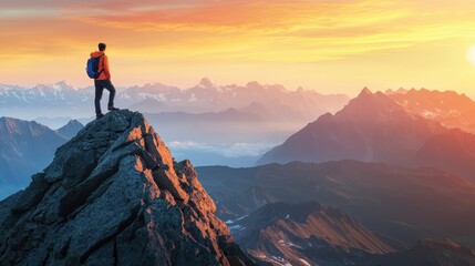 Tourist on mountain peak, active life concept