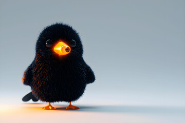Fototapeta premium Cute and Fluffy Cartoon Bird with a Bright Orange Beak and Soft Black Feathers Standing against a Light Gray Background in a Playful and Whimsical Pose
