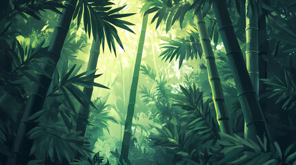 Dense foliage of green tropical plants with tall bamboo stalks in the background, creating a lush, serene forest atmosphere. Reverie. Illustration