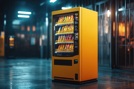 Bright yellow vending machine offering snacks in empty urban space at night
