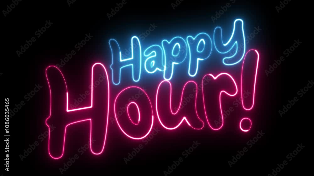 Poster happy hour neon sign. happy hour text font with light. luminous and shimmering haze inside the lette