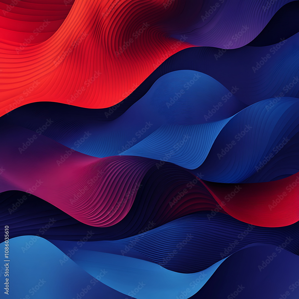 Poster vibrant red and blue waves create dynamic abstract background, showcasing smooth curves and flowing 