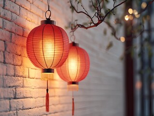 Chinese red lanterns hanging against a white brick wall with a plant in the corner