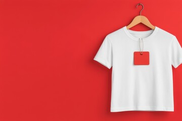 Simple white t shirt hanging on a wooden hanger against a textured gray wall with greenery nearby