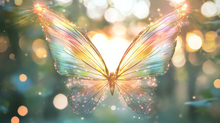 A pair of iridescent fairy wings floating above a mystical clearing filled with soft glows and enchanting light in a forest setting