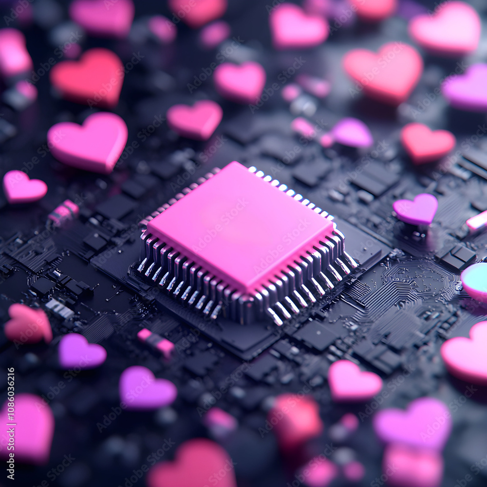 Poster colorful microchip surrounded by heart shapes representing technology, love, and connection in the d