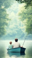 Fototapeta premium Father and son enjoying a peaceful fishing trip on a serene lake surrounded by lush greenery