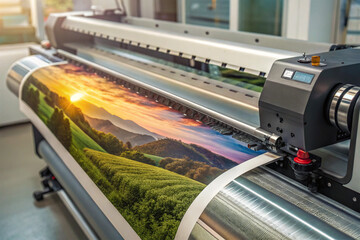 printing press in a factory Large wide digital inkjet printing machine during production. Generative Ai.