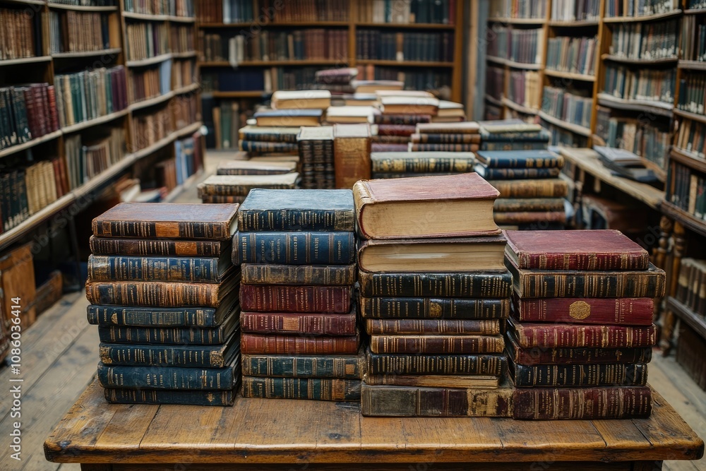 Poster stacks of old books resting on a table in a library