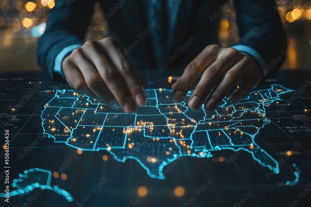 Aufkleber businessman exploring hologram of united states map with data points