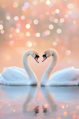 Two swans gracefully facing each other on a tranquil lake at sunset with shimmering reflections