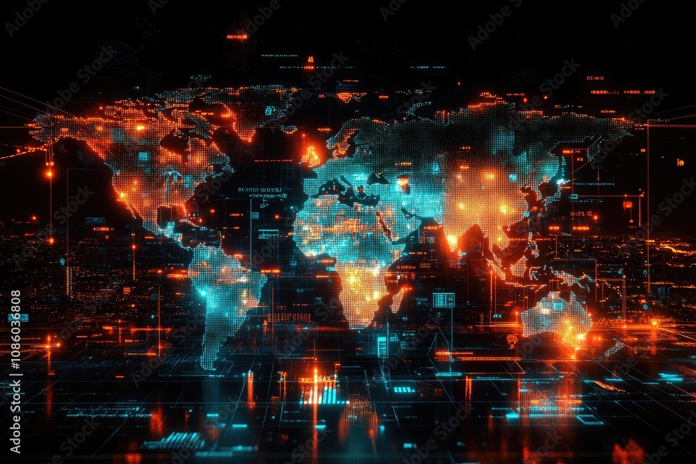 Aufkleber futuristic world map showing global connections and data flowing