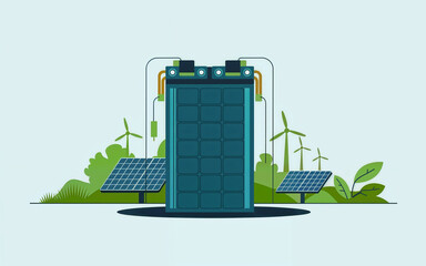 Visually striking illustration of an electric battery storage system integrated with renewable energy sources like solar panels and wind turbines
