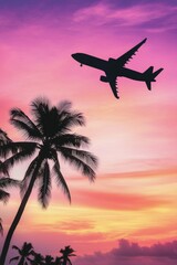 Airplane flying over palm trees at sunset in a tropical location with vibrant sky colors