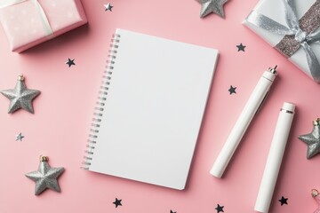 A blank notebook surrounded by festive decorations on a pink background
