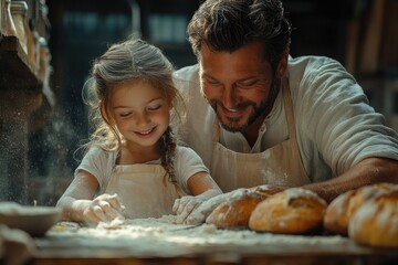 Baker and daughter kneading dough, making bread together