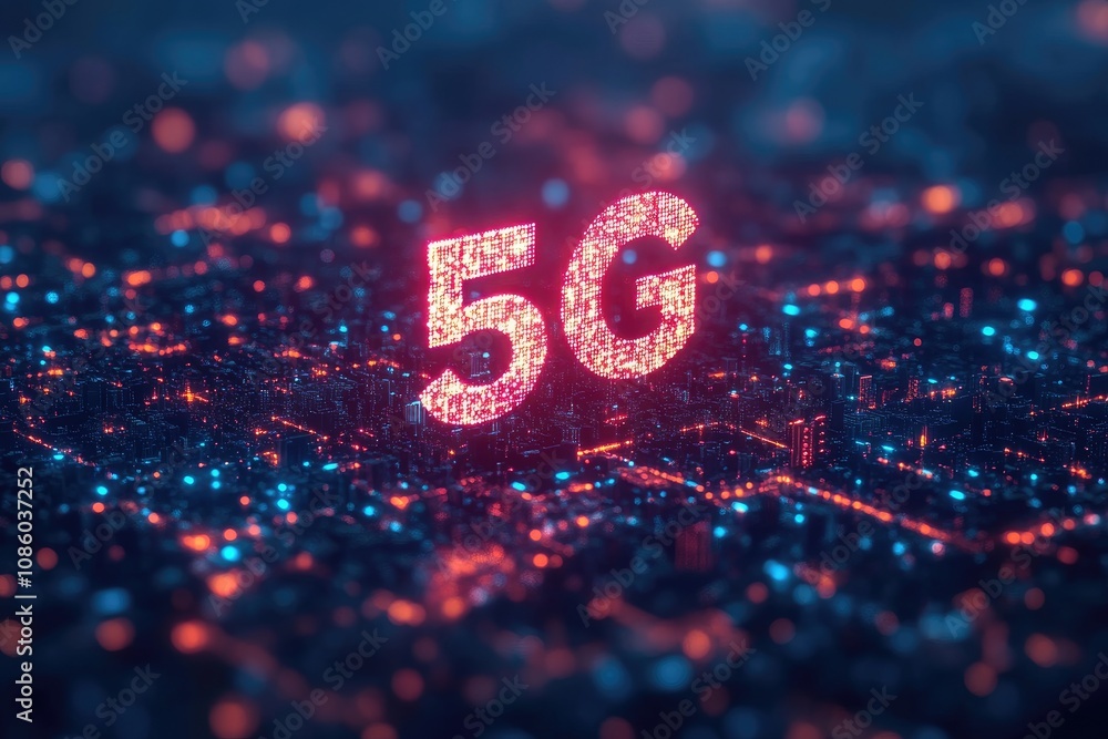 Poster 5g network connecting futuristic city with digital data flow
