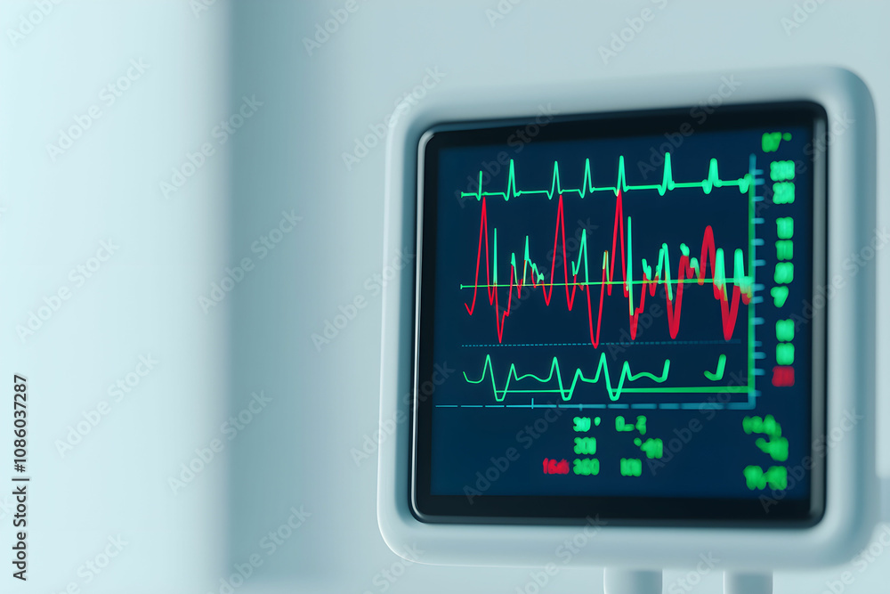Aufkleber close-up view of a medical monitor displaying heart rate and vital signs in a hospital environment w