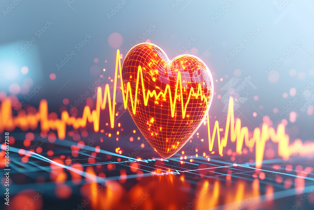Poster futuristic heartbeat visualization with digital heart and pulse graph representing health monitoring