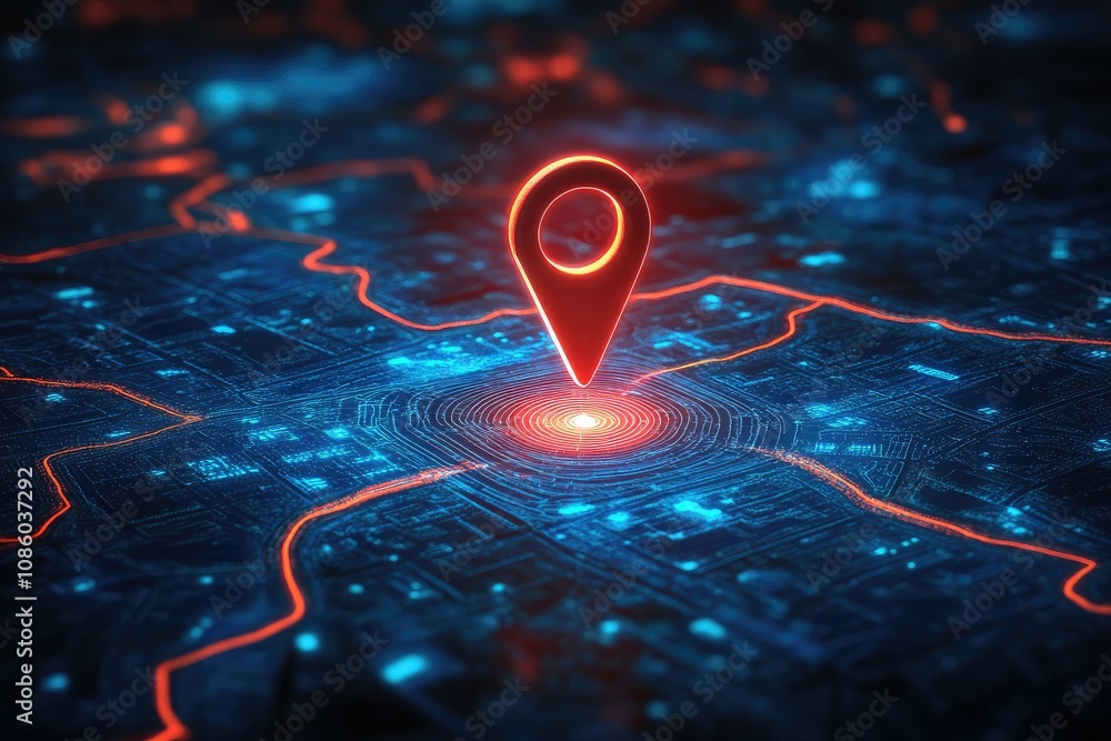 Poster red gps pin pointing location on futuristic glowing digital circuit board map