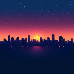 Fototapeta premium Cityscape Silhouette at Sunset Under a Starry Sky