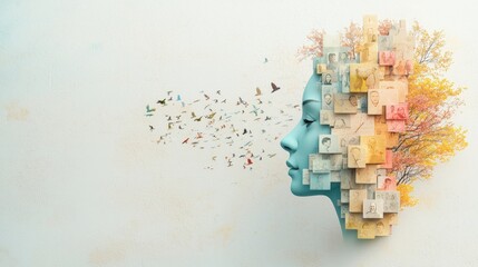 Obraz premium A surreal profile of a woman's face made of colorful paper elements, symbolizing creativity and the flow of ideas through vibrant shapes and textures.