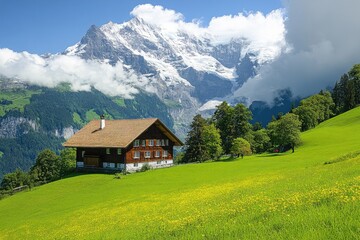 Obraz premium Wooden chalet nestled in swiss alps meadow with majestic jungfrau mountains