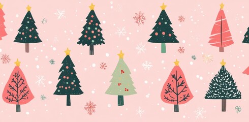 Festive illustration of various Christmas trees on a pink background with whimsical patterns