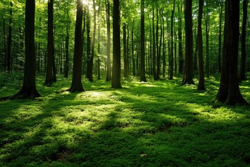 Obraz premium Sunbeams illuminating lush green forest floor covered in moss and plants